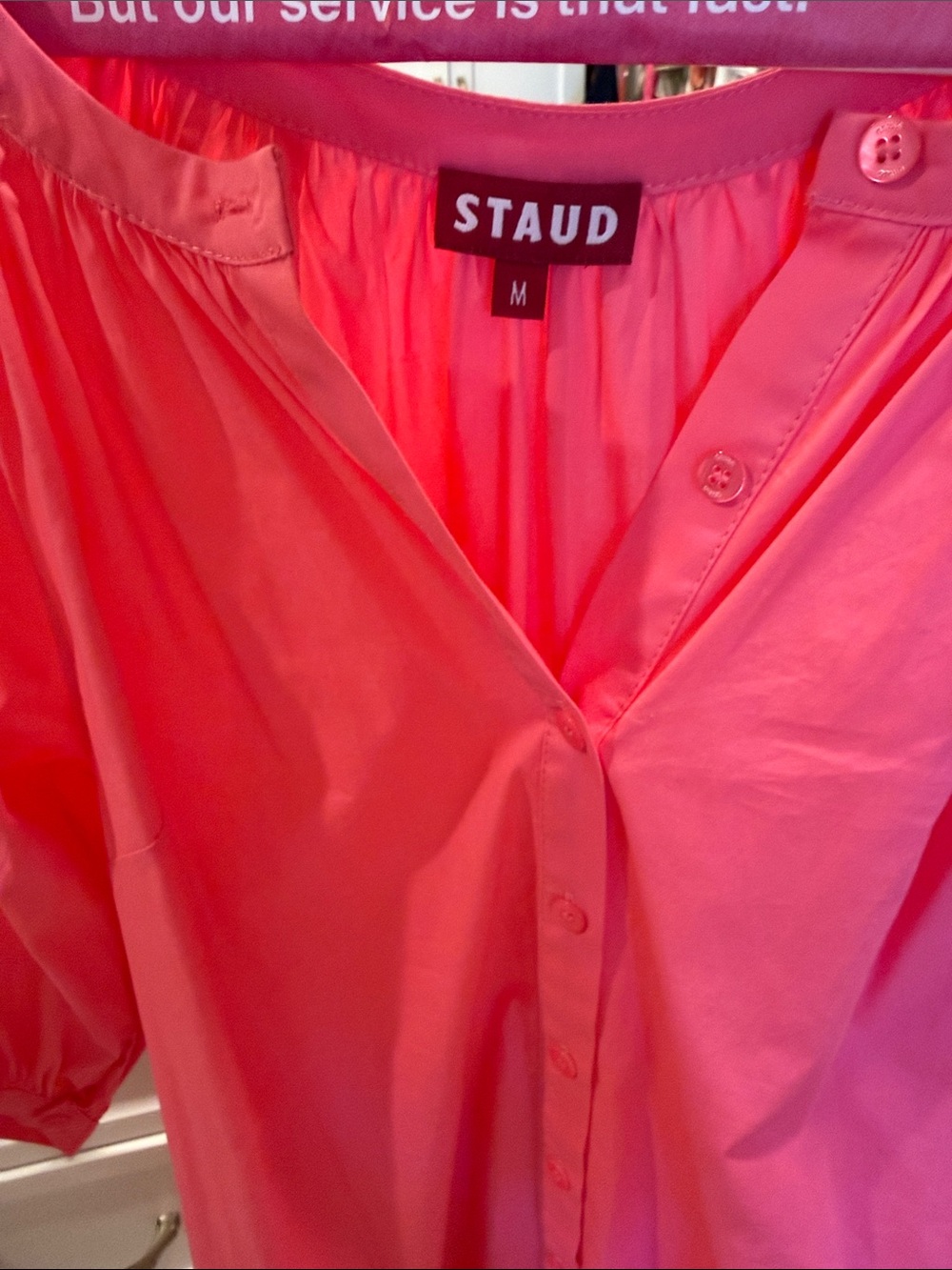 STAUD Coral Pink Button-Front Puff Sleeve Blouse - Picture 3 of 5